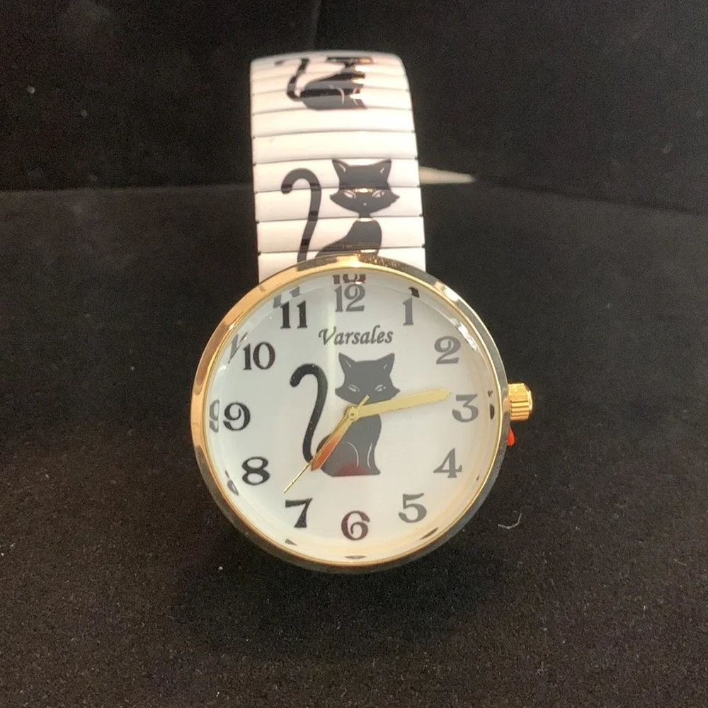 Varsales New Black Cat Watch w/ Stretch Band St Steel Back‎